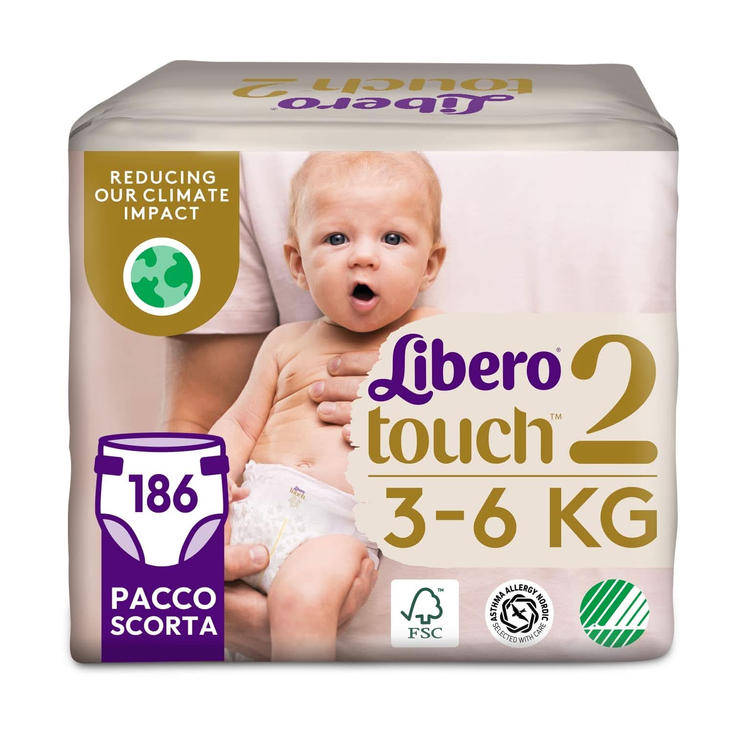 Libero, Couches Bébé Touch Open, 186 Couches Taille 2 pour Bébés de 3 à 6 Kg, 3 Paquets de 62 Couches Jetables Mère et Bébé Naty Shop
