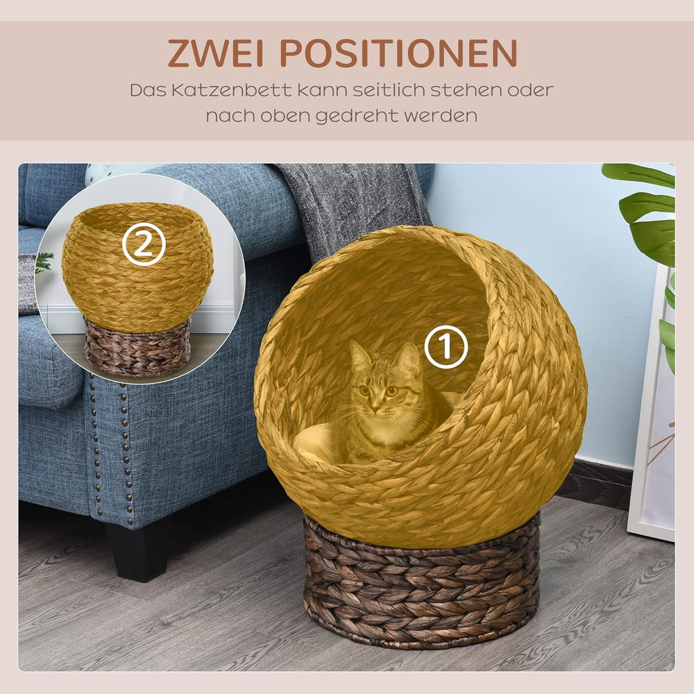 PawHut Rotin Katzenkorb Katzenhöhle Katzenhütte Katzenbett mit Kissen Haustierbett Wasserhyazinthe Kaffee 50 x 42 x 60 cm