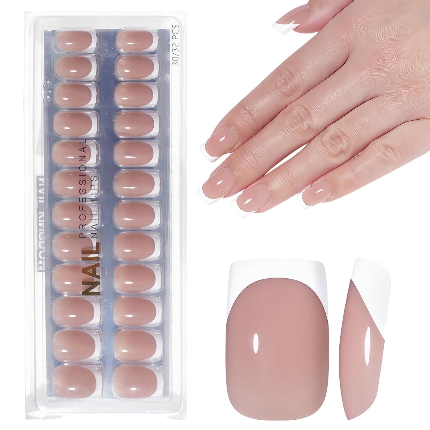 Ongles français autocollants rose clair – 32 pièces à coller sur ongles français – Faux ongles carrés courts – Colle respirante sur ongles artificiels – Faux ongles à couverture complète pour femme (rose clair)