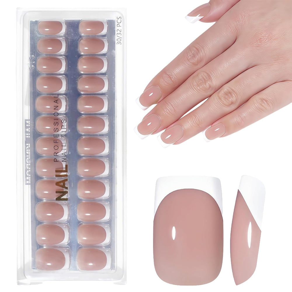 Ongles français autocollants rose clair – 32 pièces à coller sur ongles français – Faux ongles carrés courts – Colle respirante sur ongles artificiels – Faux ongles à couverture complète pour femme (rose clair)
