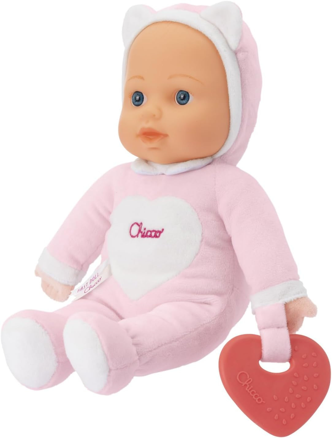 Chicco Meine erste Puppe Spielzeug, Kuschelpuppe mit weichem Beißherz, weich und leicht, Babyspielzeug, maschinenwaschbar, 0 Monate Plus, Rosa