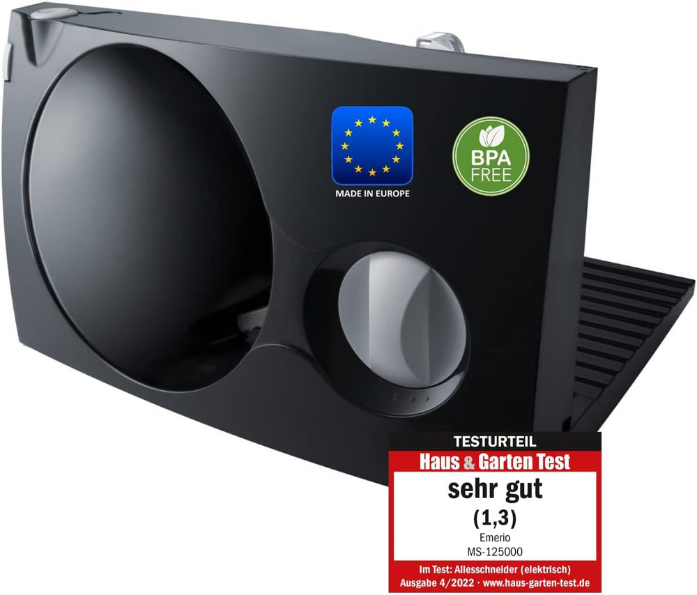 Trancheuse tout usage Emerio "Made in EU" MS-125000, lame en acier inoxydable fabriquée en Allemagne, réglable 0-17 mm, 100 W Naty Shop Râpes et trancheuses simples noires