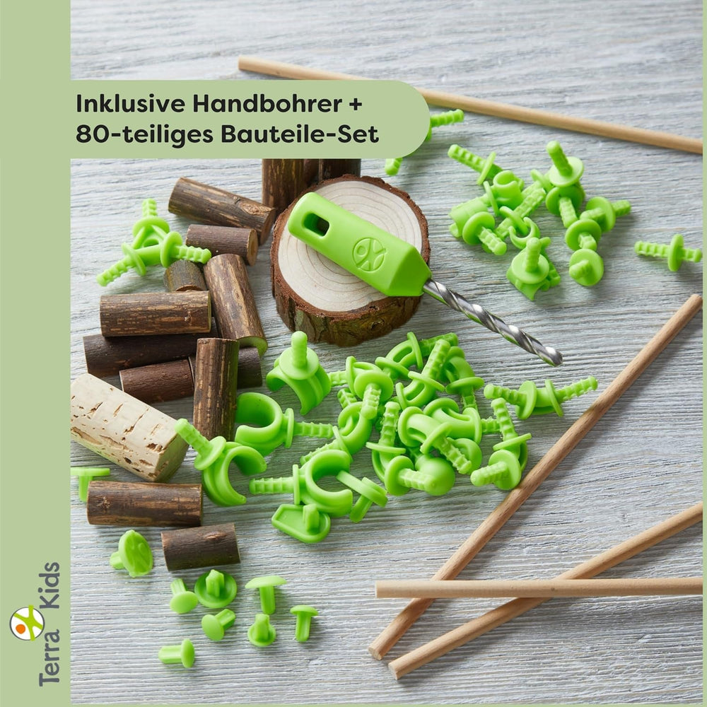 HABA Terra Kids Connectors – Starter-Konstruktionsset für Kinder - Holz-Bastelset mit Kunststoff-Verbinder und Handbohrer – Natur-Baukasten für kreatives Bauen von Figuren