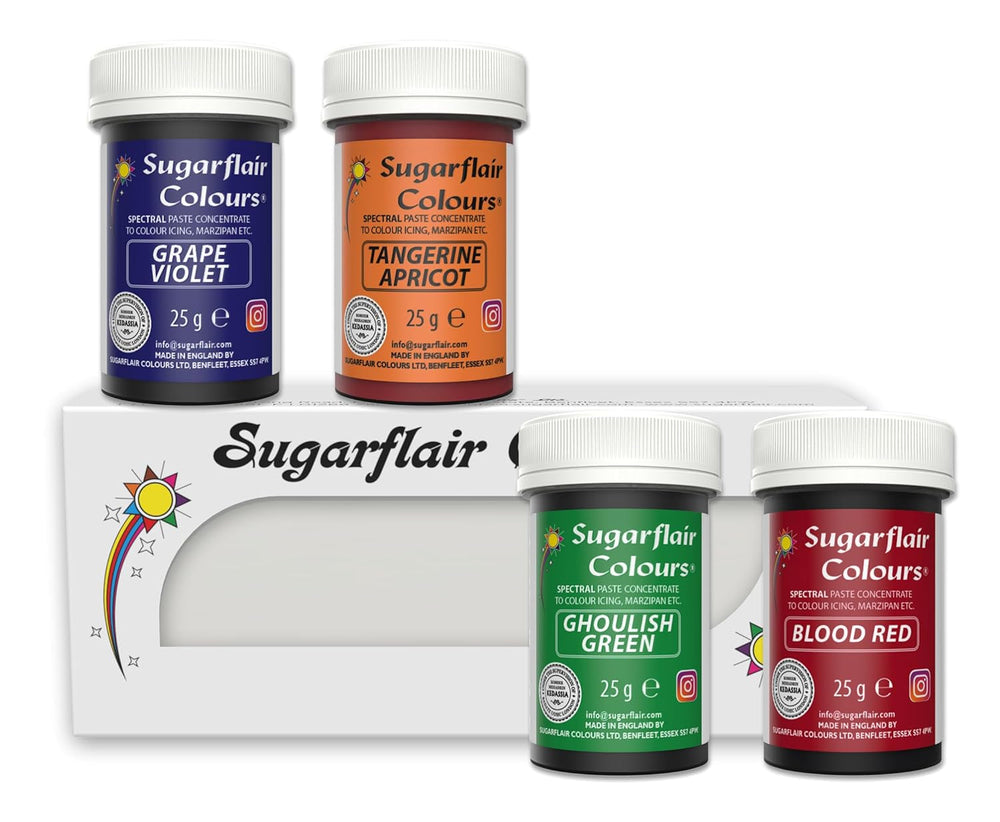 Sugarflair Pasta Food Coloring Set/4 Colorant alimentaire pour pâtes, fondant, massepain, pâte à sucre, crème au beurre et plus encore : vert macabre, violet raisin, rouge sang