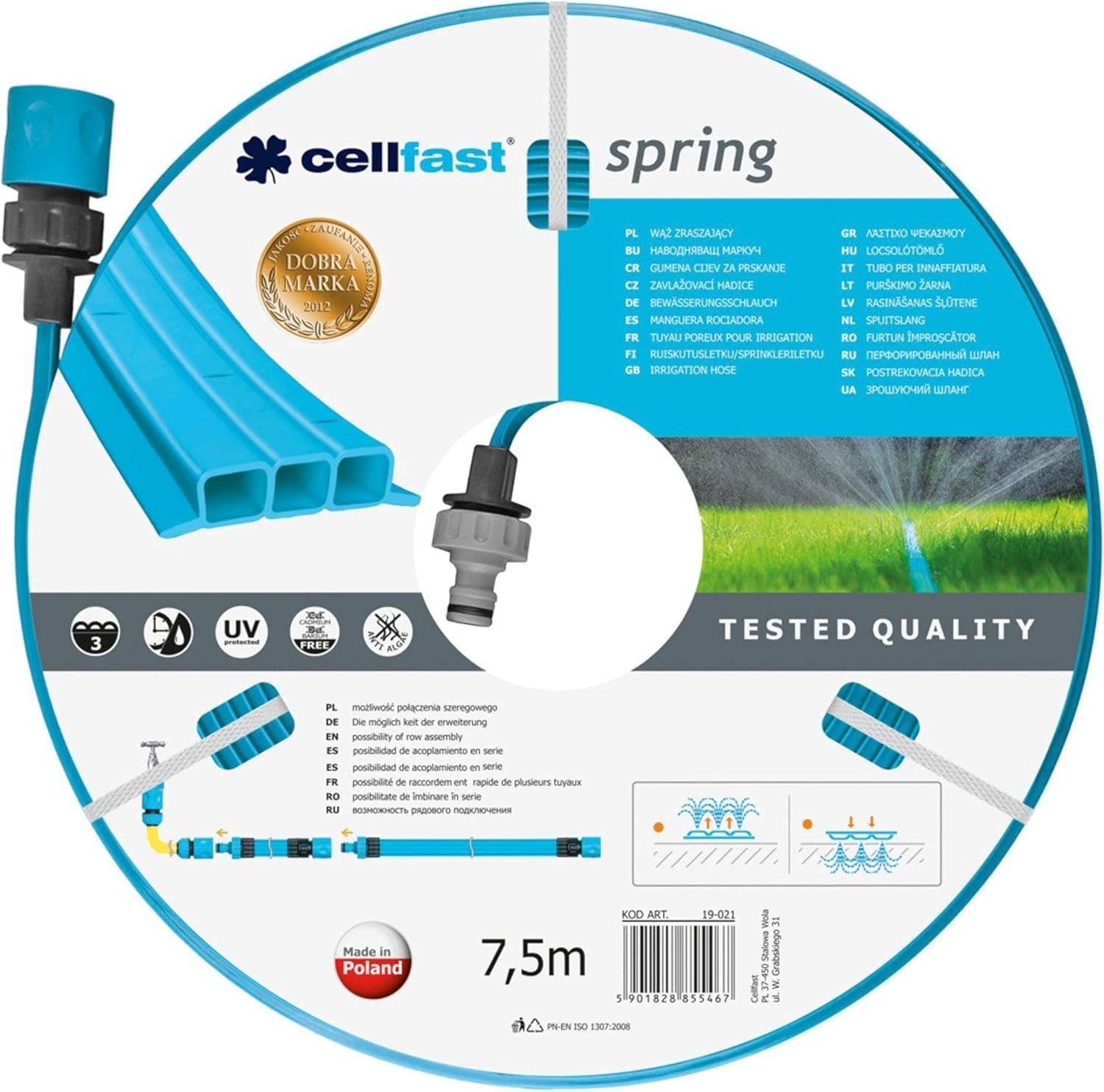 Cellfast SPRING Tuyau d'irrigation à trois canaux avec connecteurs complets, fabriqué en fil de haute qualité, résistant aux UV, 15 m, 1/2", 19-022, multicolore, 38 x 38 x 8 cm.