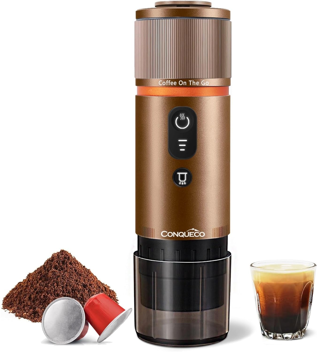 Machine à expresso de voiture CONQUECO 12 V : machine à expresso portable avec batterie pour le camping et les voyages – Chauffage rapide en 2,5 minutes – 8 tasses à expresso en une seule charge