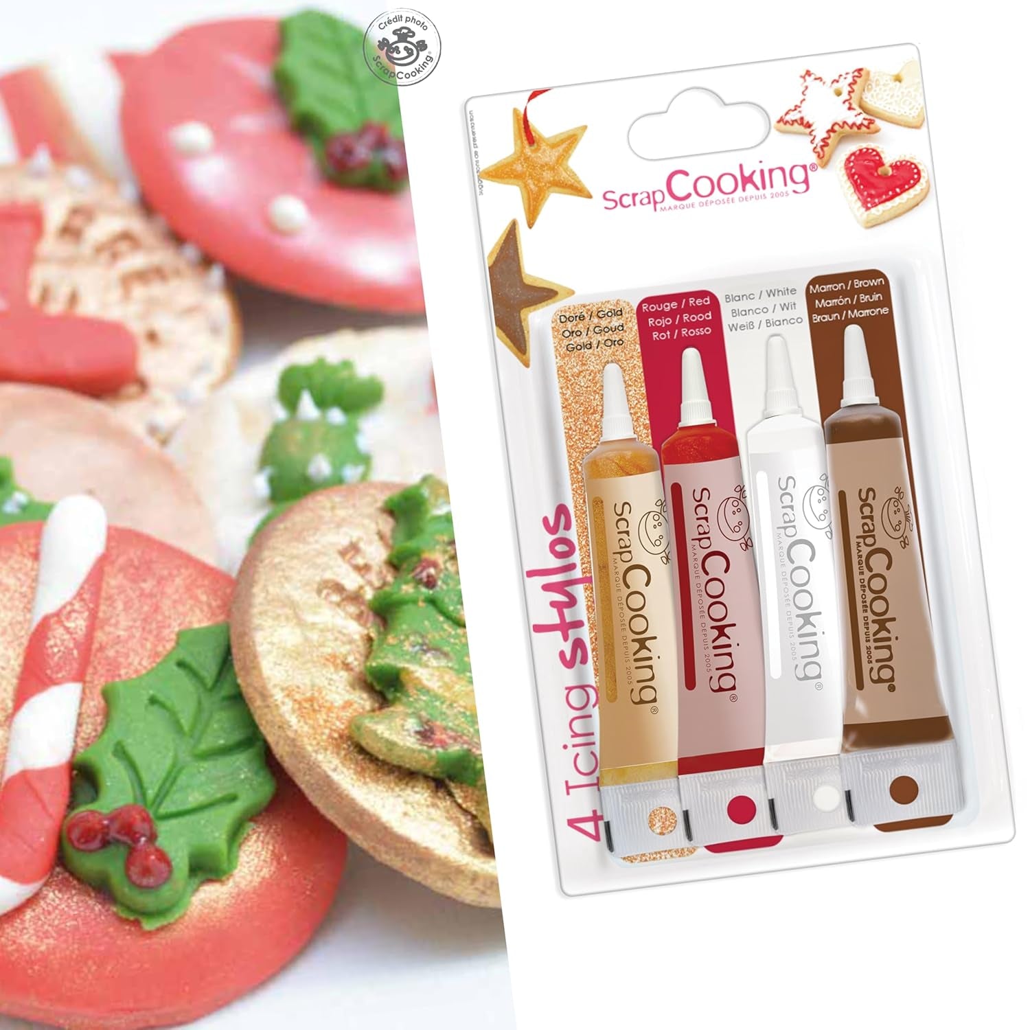 Scrapcooking - Marqueurs 4 pièces : or, chocolat, blanc et rouge - feutres comestibles décoratifs pour écrire et dessiner sur desserts, gâteaux et biscuits