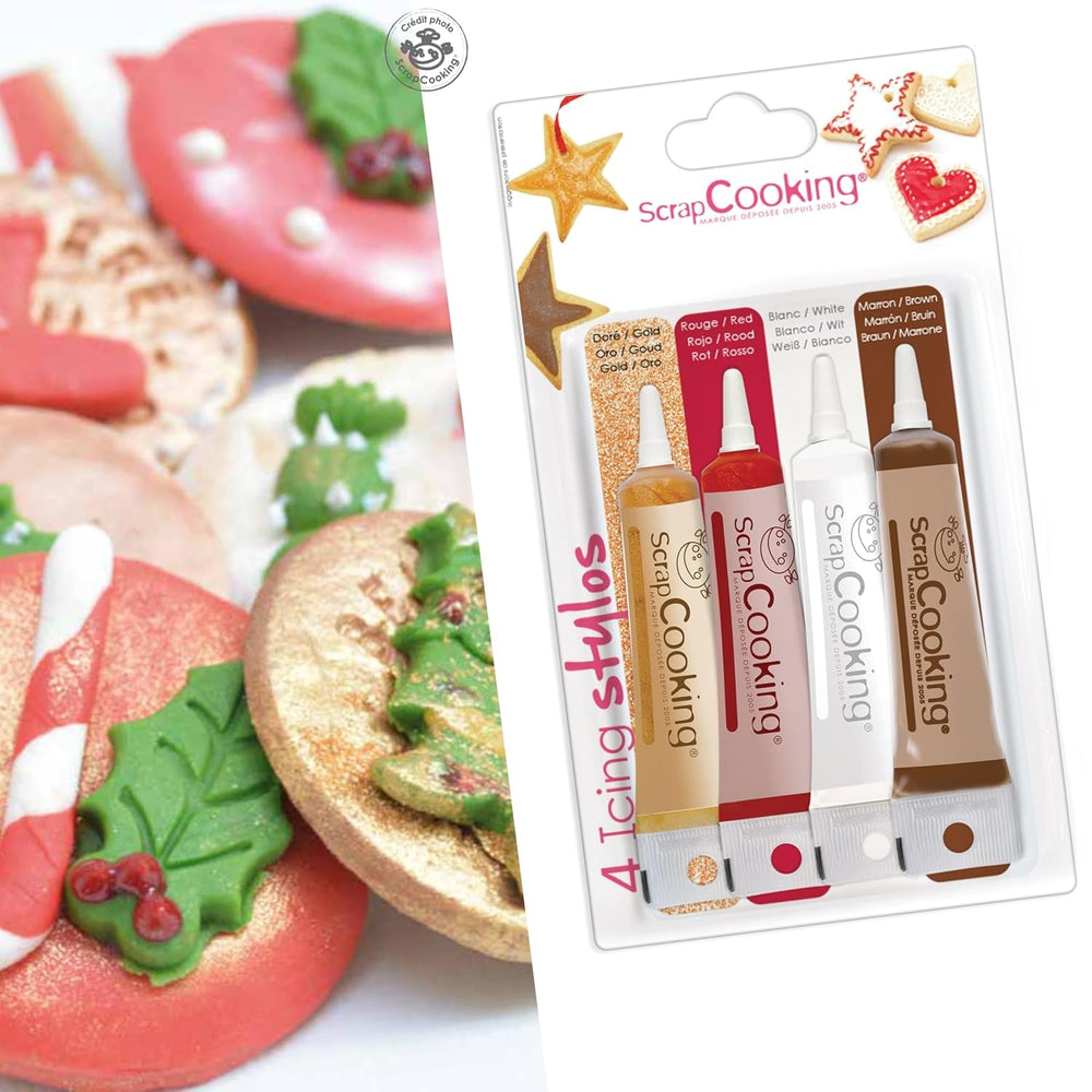 Scrapcooking - Marqueurs 4 pièces : or, chocolat, blanc et rouge - feutres comestibles décoratifs pour écrire et dessiner sur desserts, gâteaux et biscuits