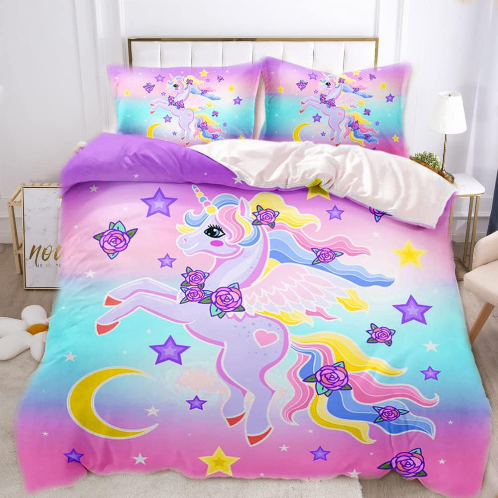 Literie fille, Licorne, 2 taies d'oreiller Literie - enfants Naty Shop Licorne arc-en-ciel multicolore 135×200 Cm