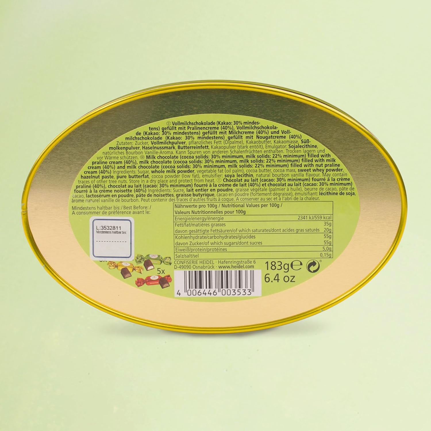 Coffret cadeau carte de Pâques Heidel 183g, praliné au chocolat au lait haut de gamme avec boîte en métal décorative, idéal comme cadeau de Pâques