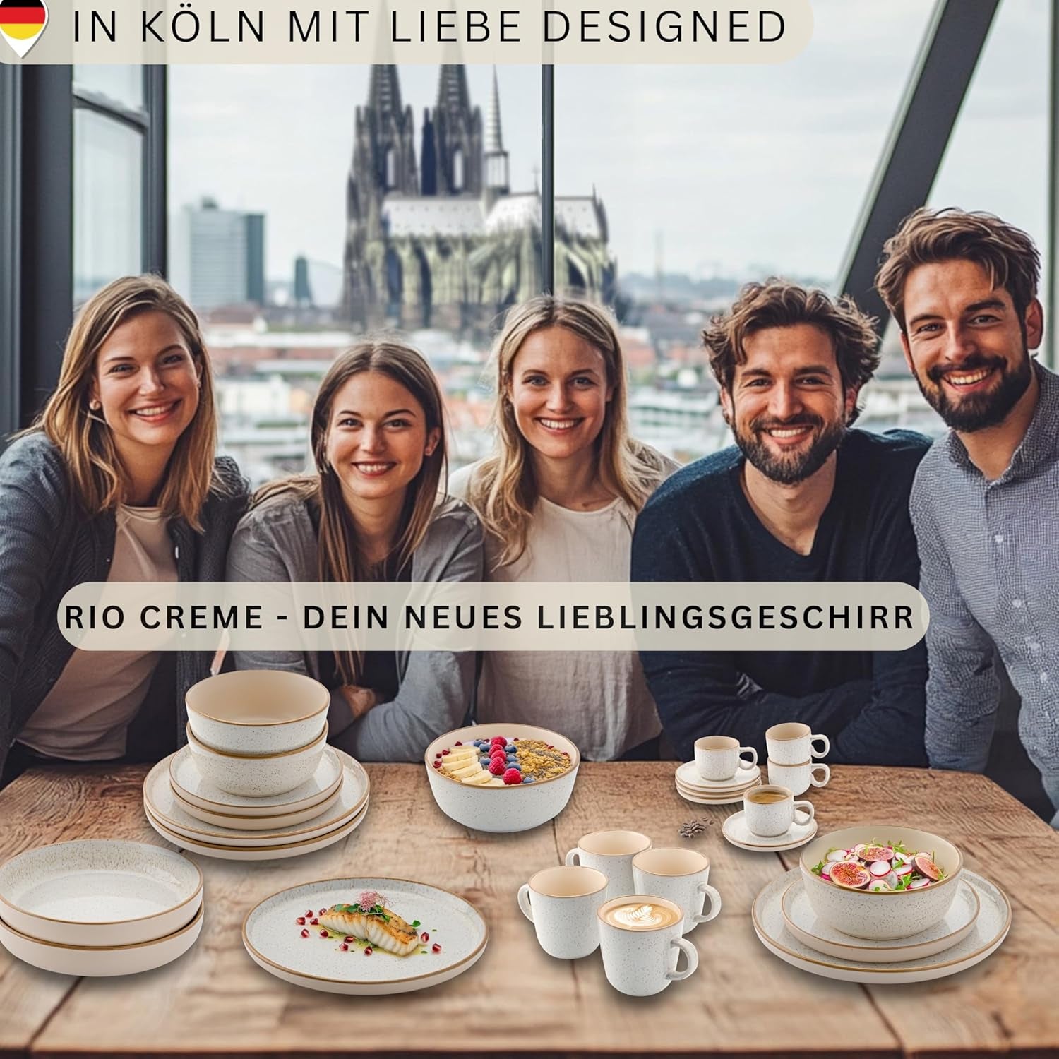 SÄNGER Rio Crème | Service de table en grès 18 pièces pour 6 personnes, comprenant 6 assiettes plates, 6 assiettes à dessert et 6 bols | LA COLLECTION VALEUR