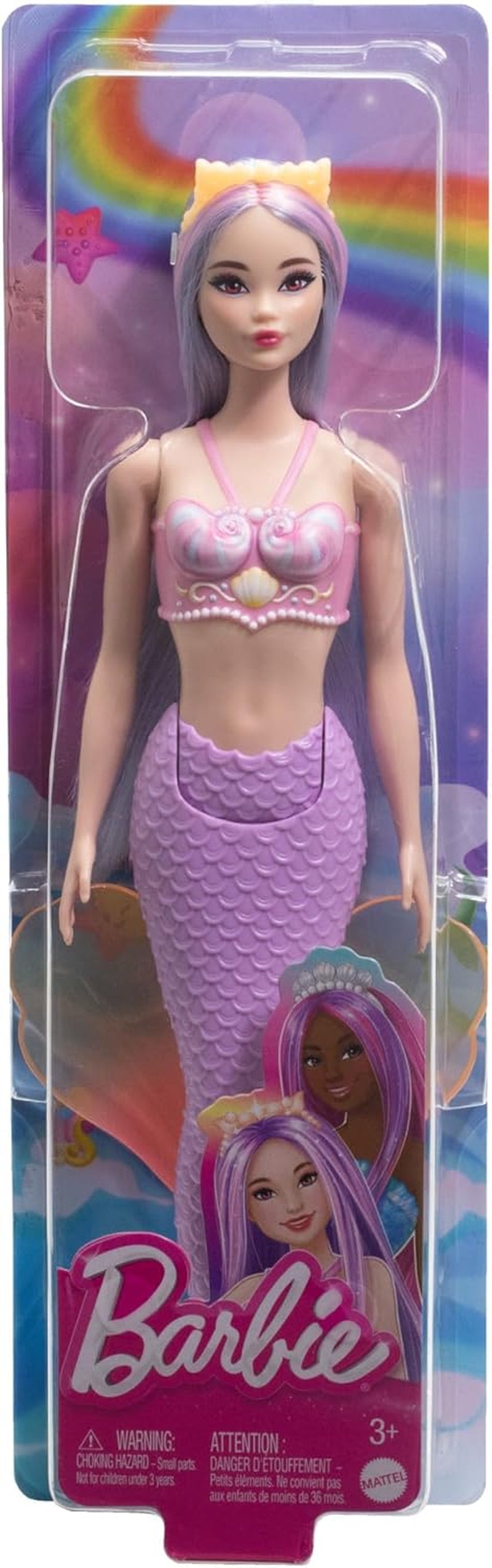 Poupée Barbie Sirène avec cheveux et bandeau fantaisie roses et lilas, haut en coquillage et poupée à nageoires arrière bleu lavande, HRR06 Naty Shop Dolls