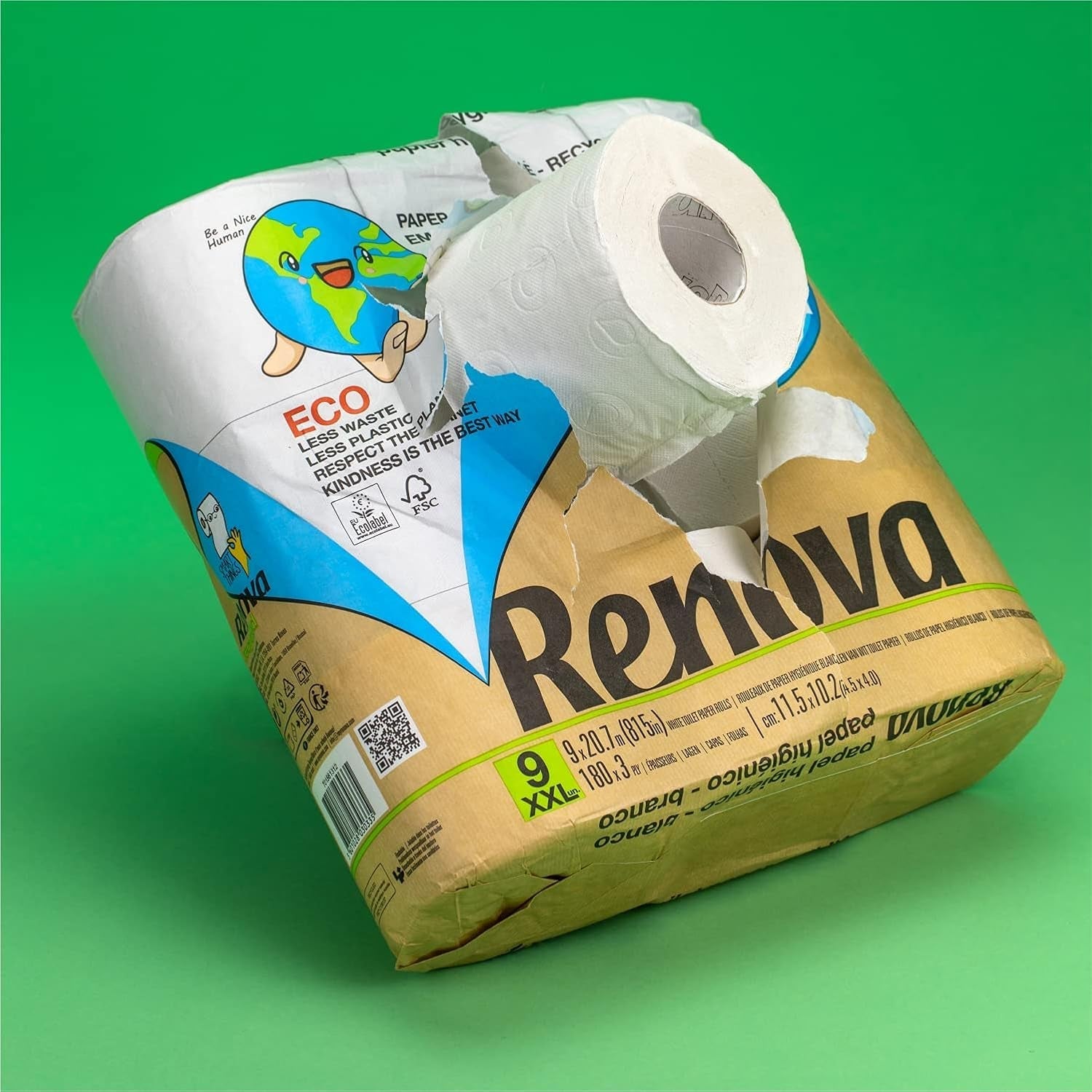 Papier toilette Renova 100% RECYCLÉ 9 rouleaux, blanc, normal