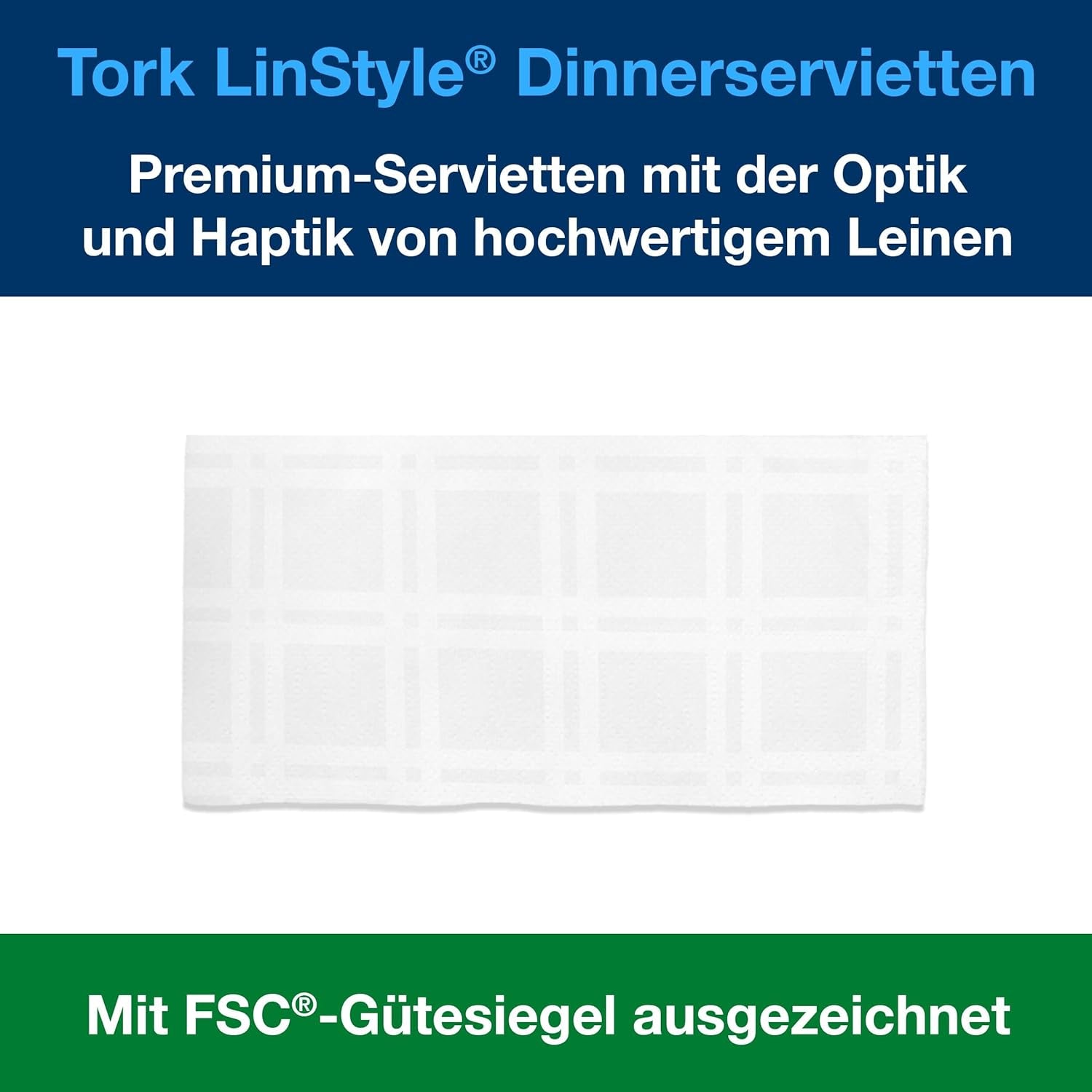 Serviettes de table Tork Linstyle blanches, pliées en 1/4, 19,5 × 19,5 cm, 14 × 50 serviettes, 509410