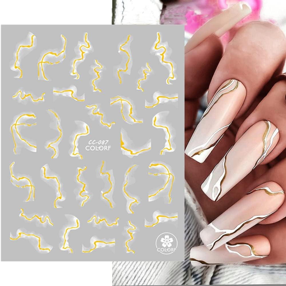 9 Blatt Nagelsticker Französische Spitzenmarmor Nagelaufkleber Selbstklebend Weißes Gold Nail Art Sticker Dekoration Nageldesign Zubehör