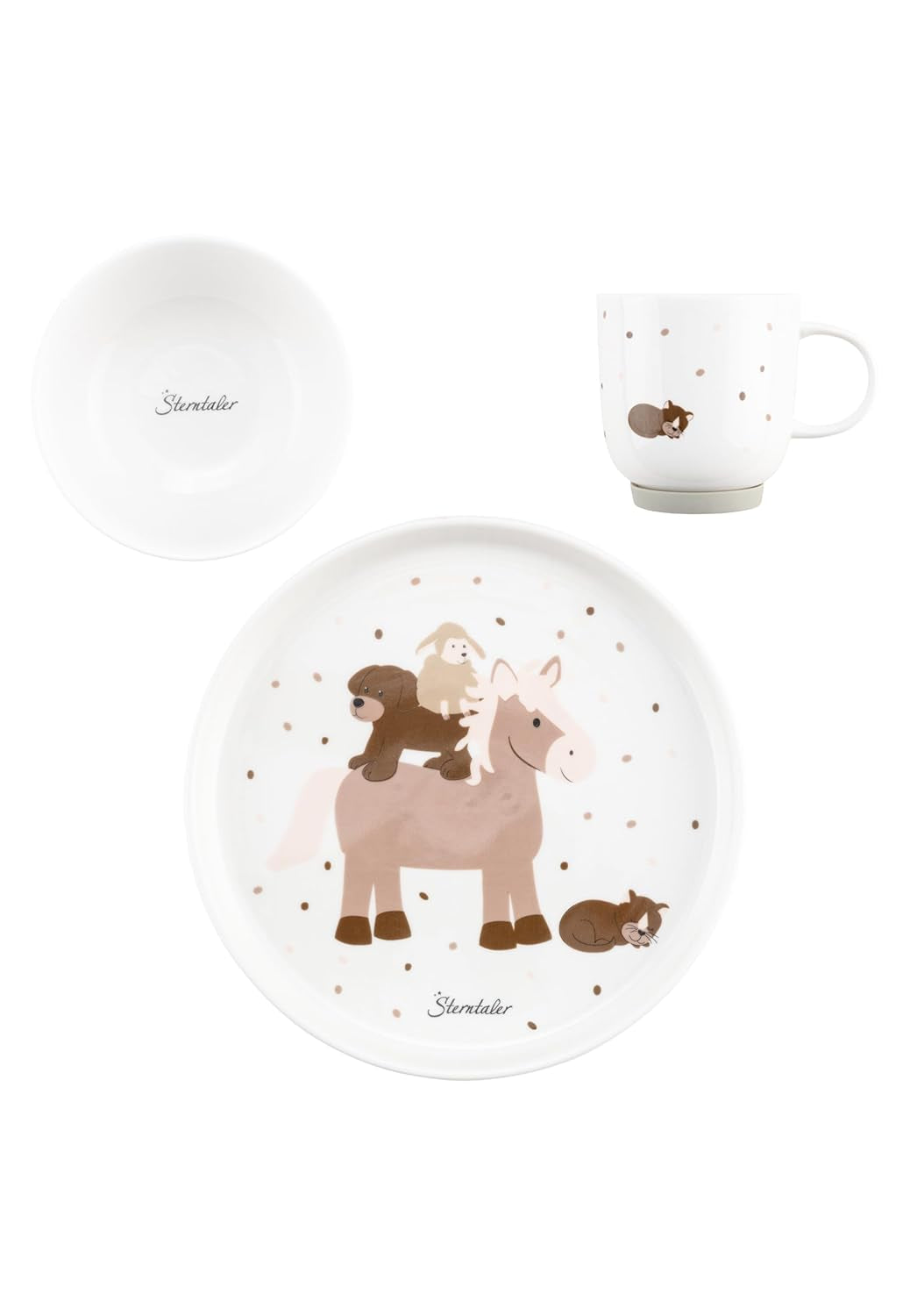 Sterntaler Service de table en porcelaine au design rustique – Service de table avec base en silicone antidérapante et amovible – Vaisselle pour bébé et enfant avec assiette, bol de 400 ml et tasse de 200 ml, blanc