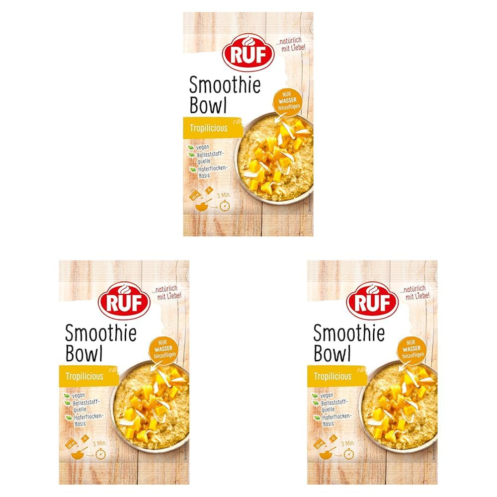 RUF Smoothie Bowl Tropilicious Mangue Passion Fruit Avoine Petit Déjeuner Snack Rapide et Facile Vegan 1 Sachet x 50g (Pack de 3)