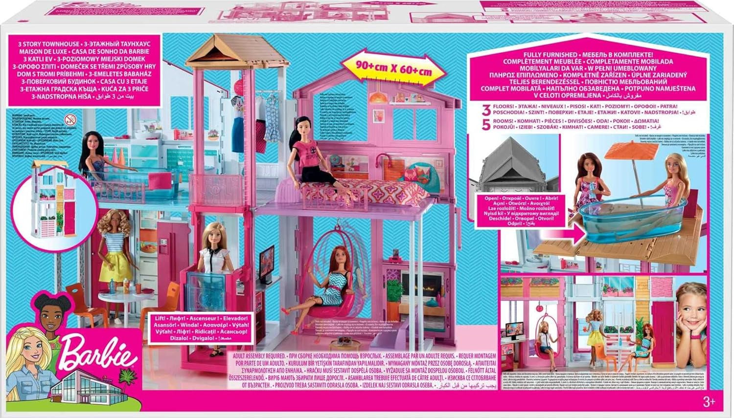 Barbie Dream House, maison de ville sur 3 étages et 5 pièces, comprend des accessoires comme des meubles, pliable et rangement, jouet pour 3 ans et plus, DLY32
