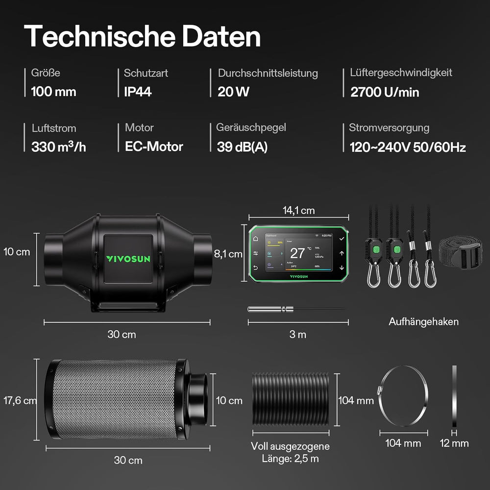 VIVOSUN Kit de ventilateur/échappement intelligent AeroZesh G4 100 mm avec GrowHub E42A+, contrôleur de température et d'humidité, télécommande WiFi/App, filtre à charbon actif et tuyau pour tentes de culture et culture hydroponique
