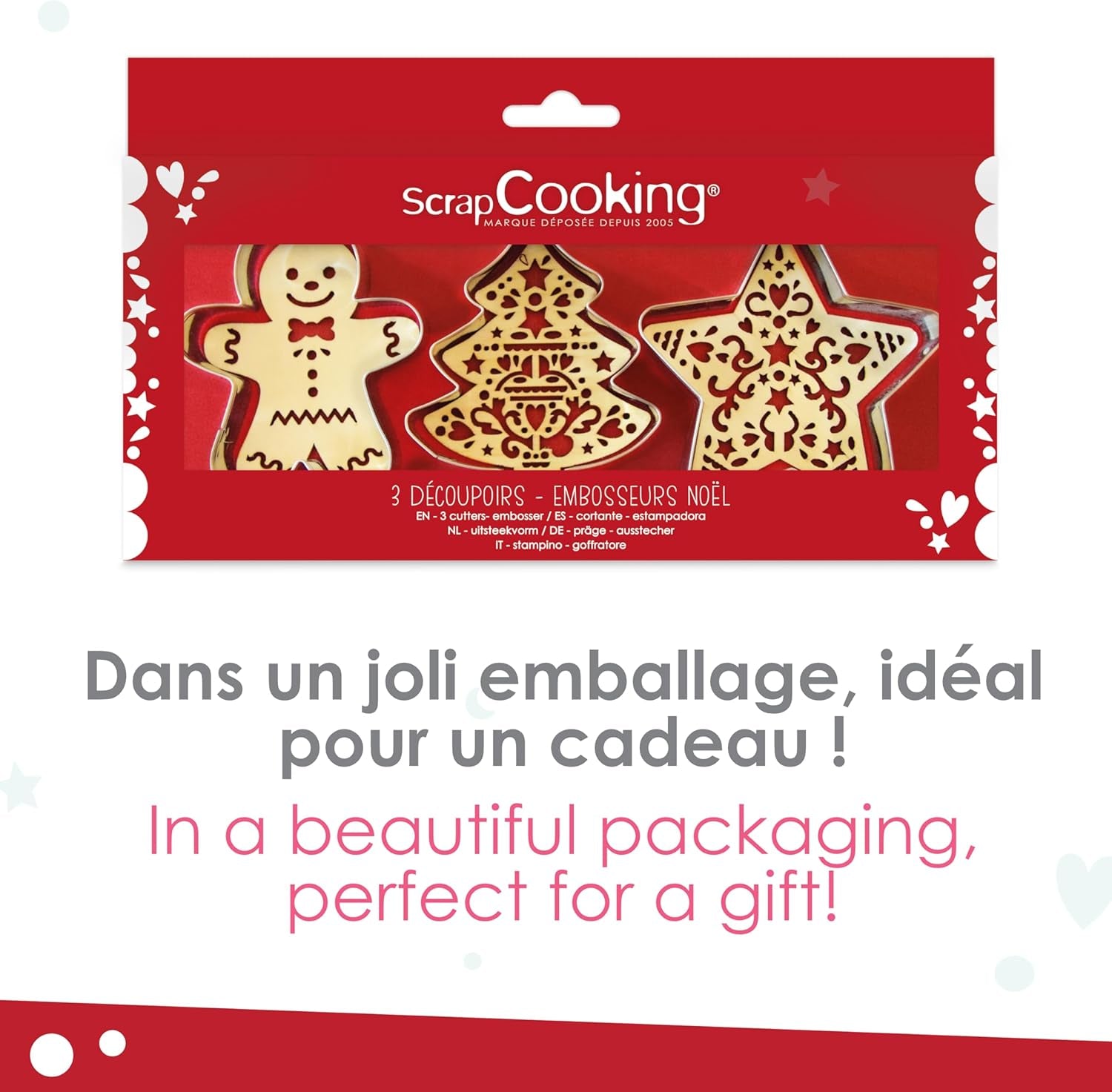 Set de copt SCRAP COOKING 2093 cu tăietor de pisici din oțel inoxidabil și aparat de vafe din lemn, potrivit pentru contactul cu alimentele, Crăciun