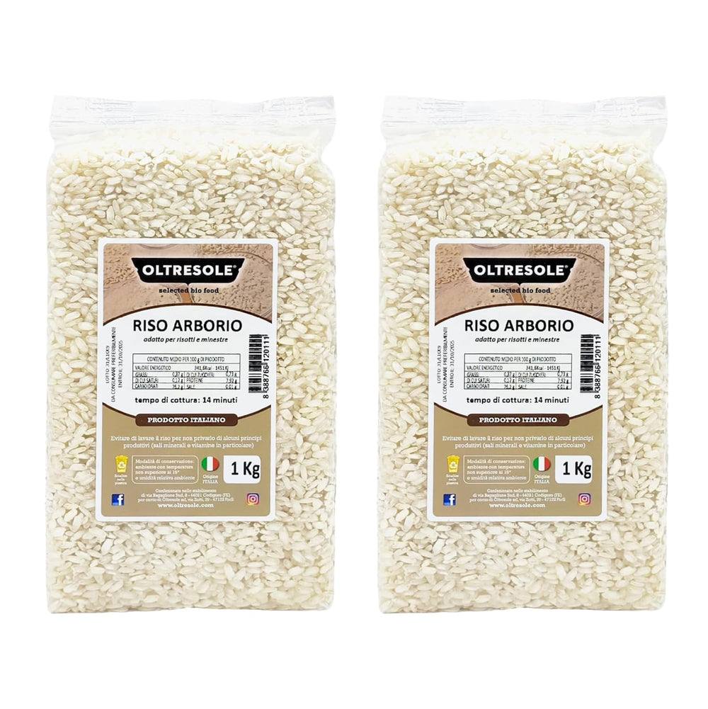 Riz Arborio italien artisanal, riz à gros grains et féculent, idéal pour les soupes, risottos et salades de riz, emballé sous vide en 2 sacs de 1 kg