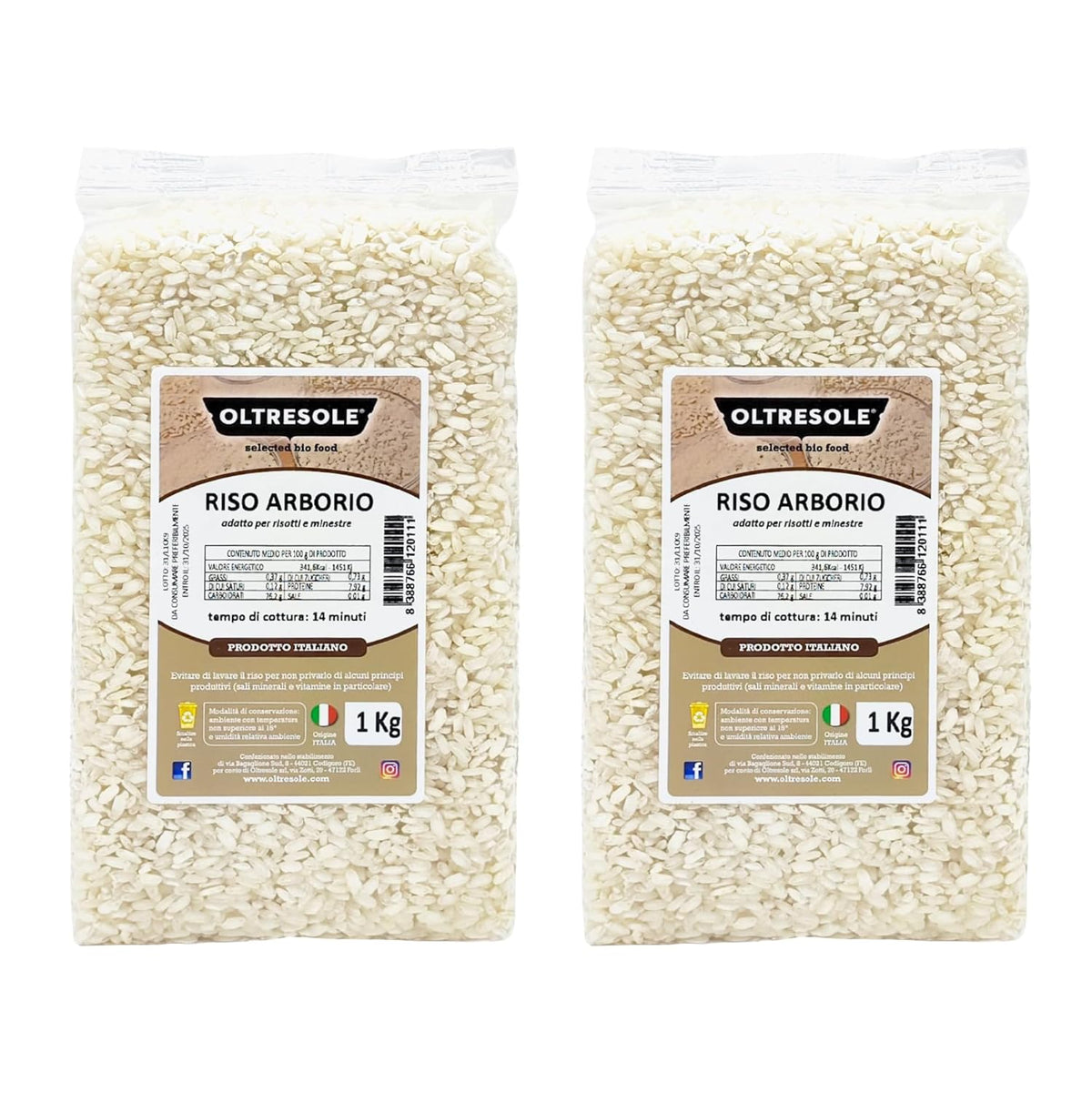 Riz Arborio italien artisanal, riz à gros grains et féculent, idéal pour les soupes, risottos et salades de riz, emballé sous vide en 2 sacs de 1 kg