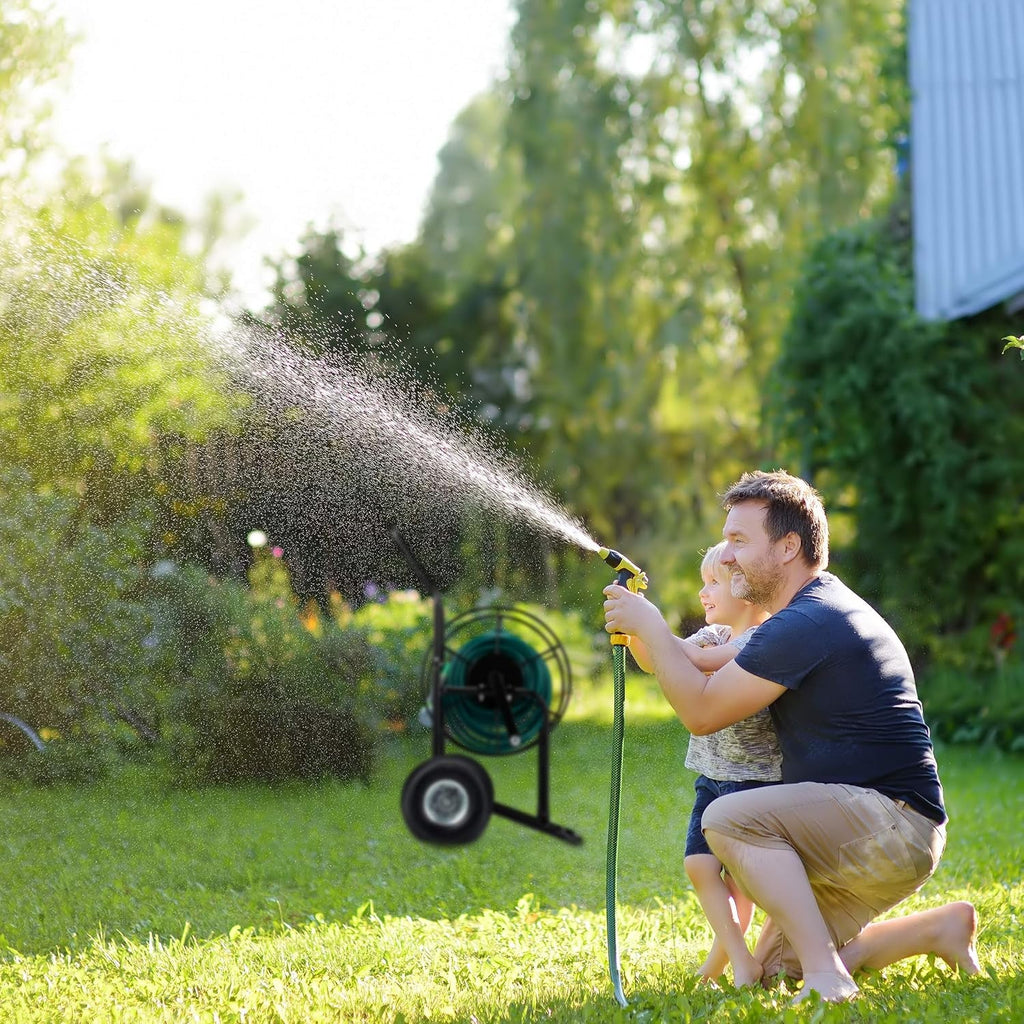 Cărucior furtun Relaxdays, rolă furtun mobilă, racord 1/2" și 3/4", furtun până la 80 m, 2 roți, metal, negru