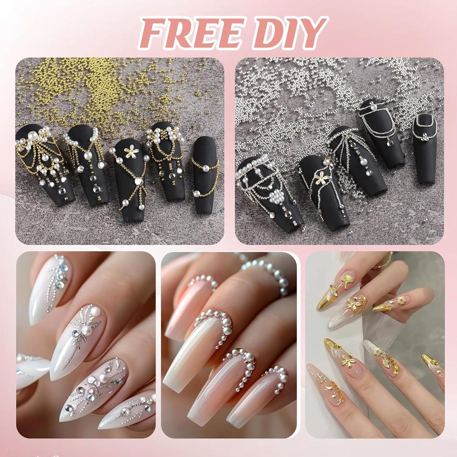 Coffret de 4 porte-clés à ongles – 48 types de porte-clés à ongles 3D dorés et argentés (papillons, fleurs, perles, etc.) + pince à épiler et stylo – pour ongles en gel et acrylique DIY | Idéal pour le salon de manucure et la maison