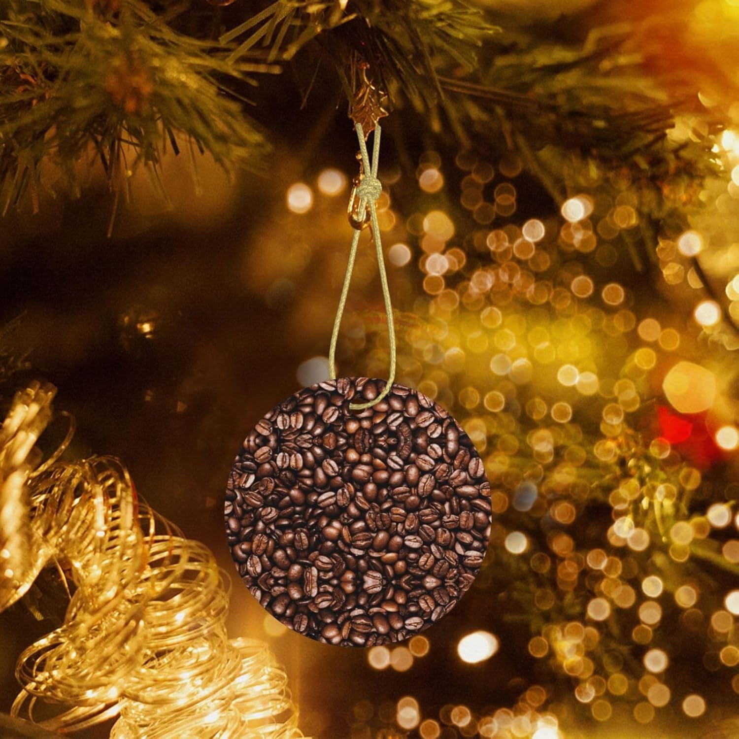 Grains de café torréfiés amusants, rond en céramique imprimé Double face avec ficelle dorée pour suspendre un décor festif pour la maison et le bureau