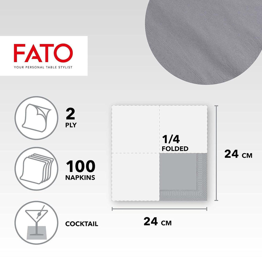 - Serviettes en papier jetables, Idéales pour apéritifs et cocktails, Paquet de 100 serviettes, Taille 24X24, Plié 4 fois, 2 couches, Couleur Gris, Papier 100% pure cellulose, Certificat Fsc