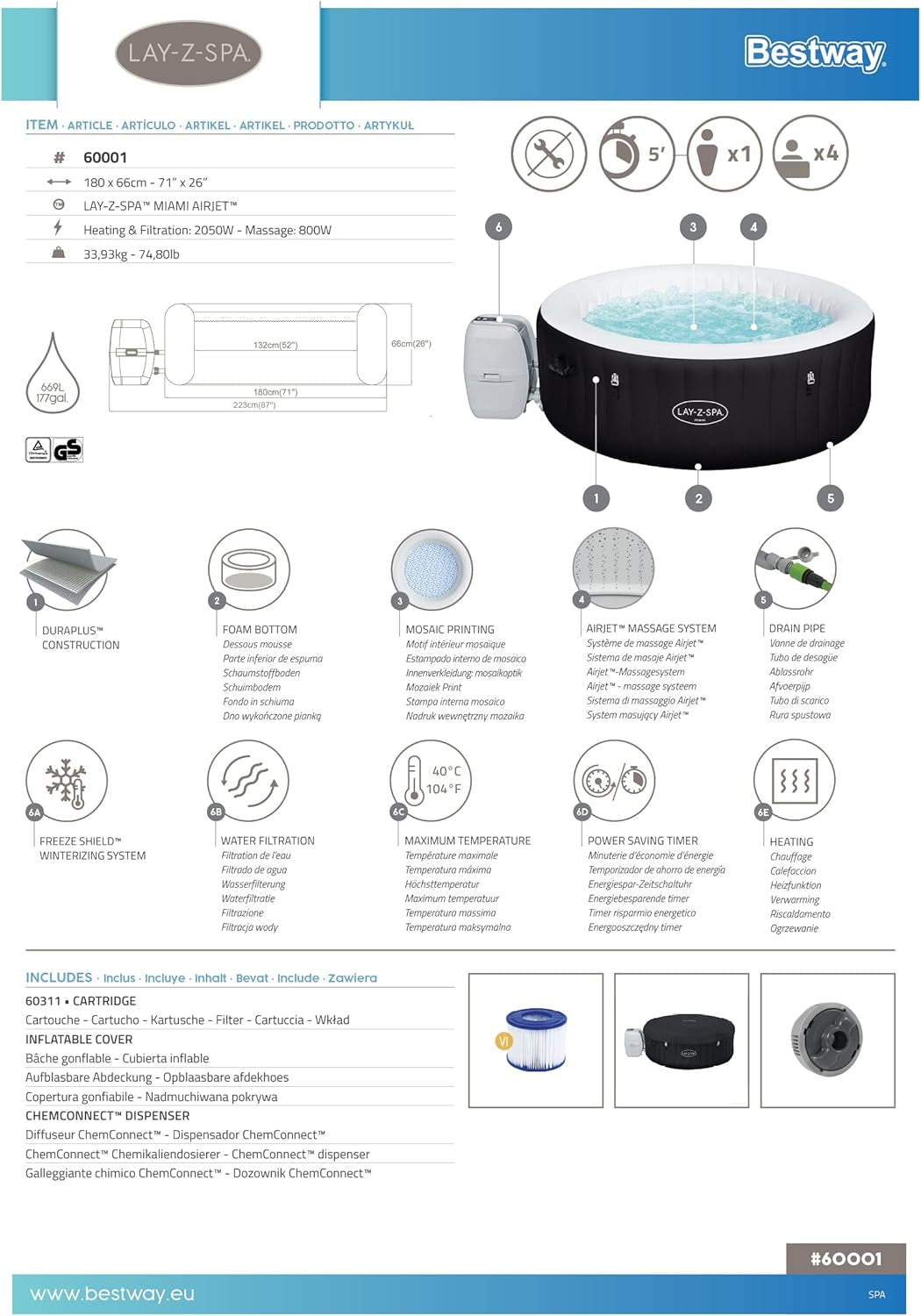 Pachet format din cada cu hidromasaj Lay-Z-SPA Miami AirJet™, 180 x 66 cm, 2-4 persoane, rotundă, neagră + husă termică Lay-Z-SPA Xtras EnergySense Ø 180 x 66 cm, rotundă