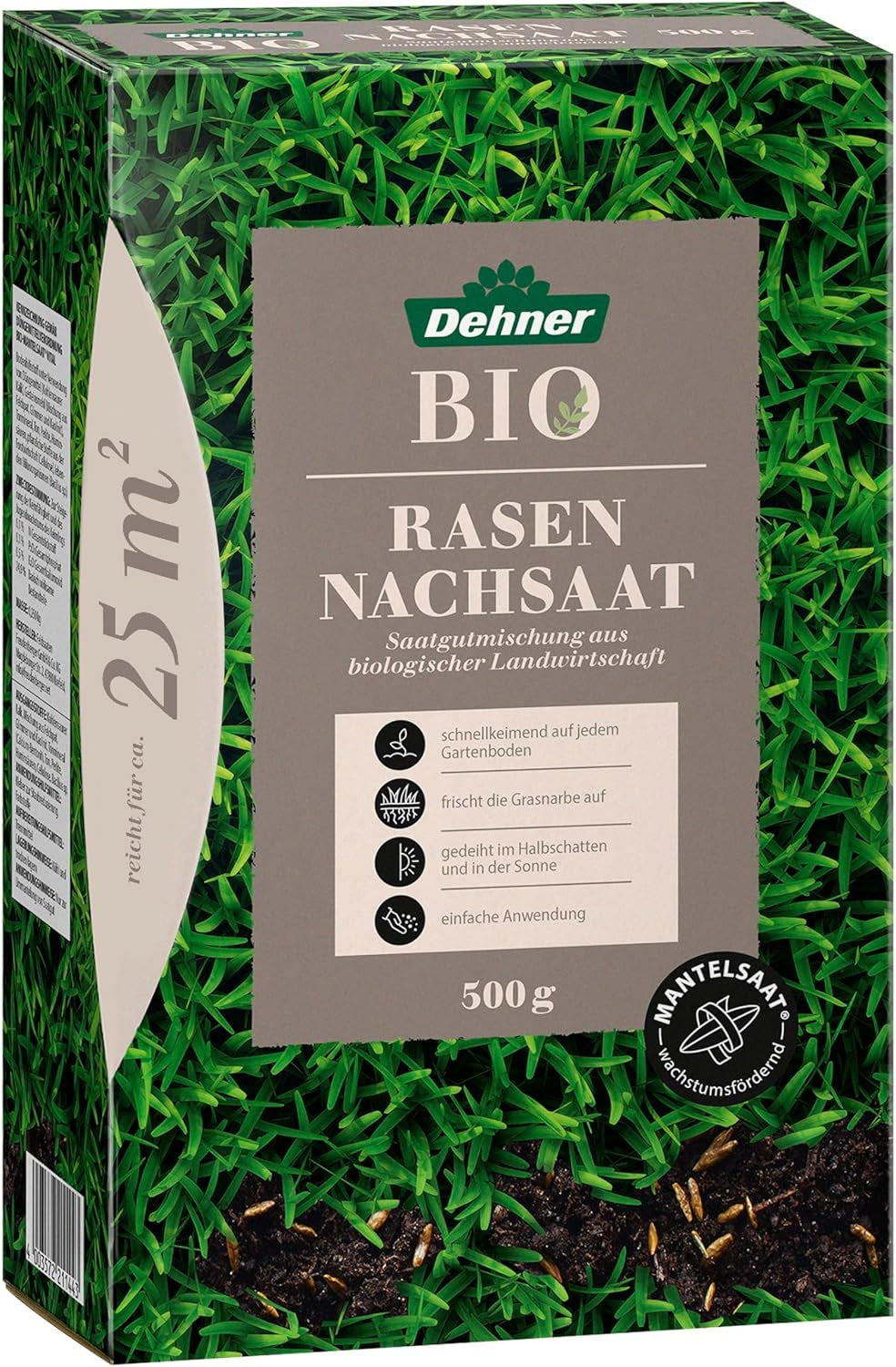 Dehner Bio Saatgut Rasen-Nachsaat, Hochwertige Saatgutmischung, Raschwüchsig / Schnellkeimend, 500 G, Für Ca. 25 M², Natur