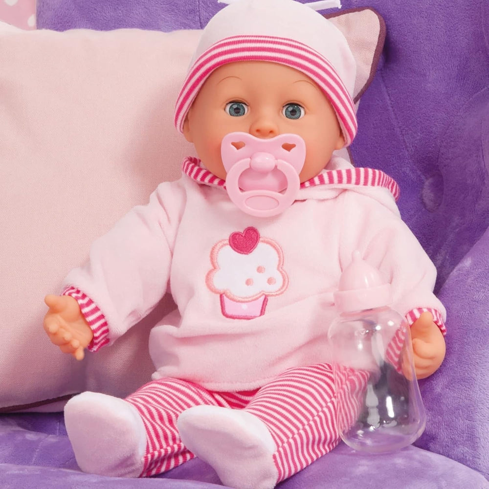 Poupée Premiers Mots aux yeux endormis, parle 24 sons de bébé, avec poupée et biberon, 38 cm, rose/rayures Naty Shop Dolls