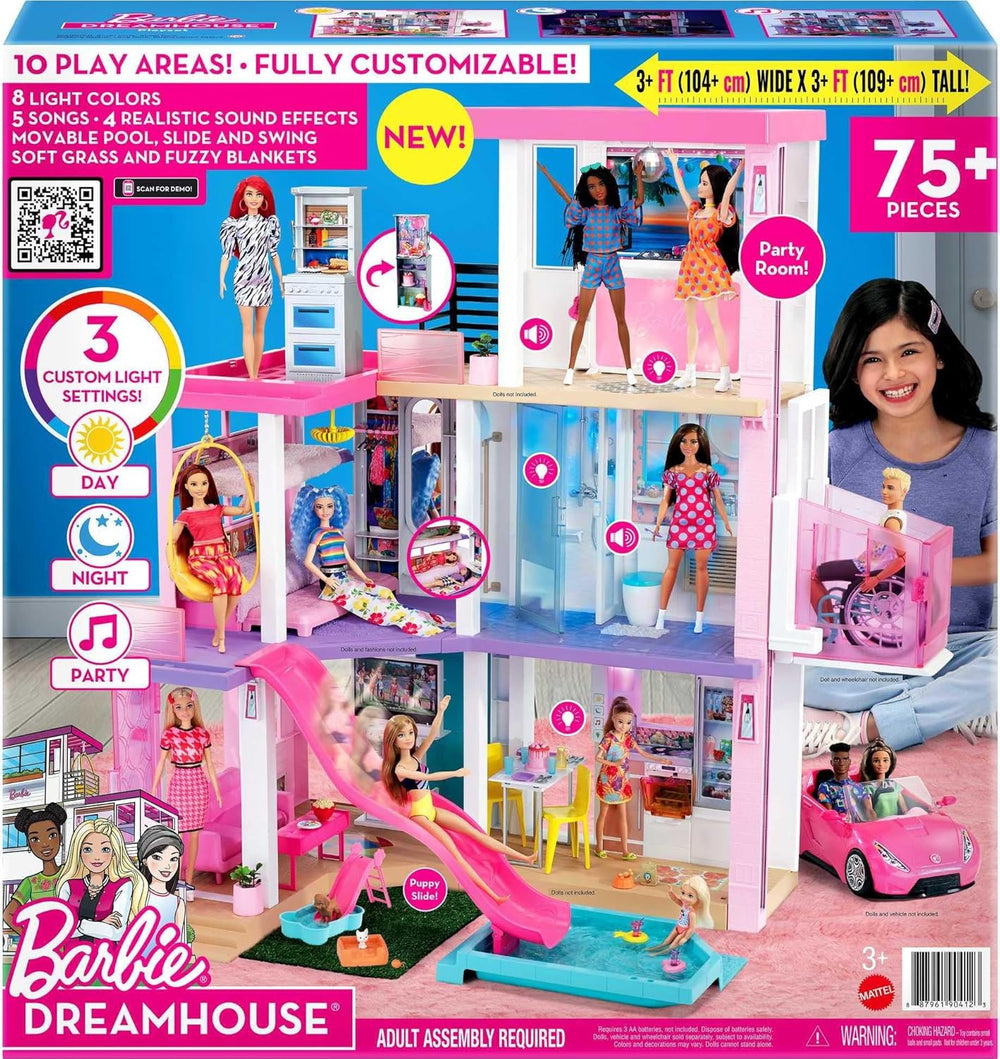 Barbie Dream House (114 cm), maison de poupée à 3 étages, piscine, toboggan, ascenseur pour fauteuil roulant, 75 accessoires, poupées, convient comme cadeau pour les enfants de 3 ans et plus, GRG93