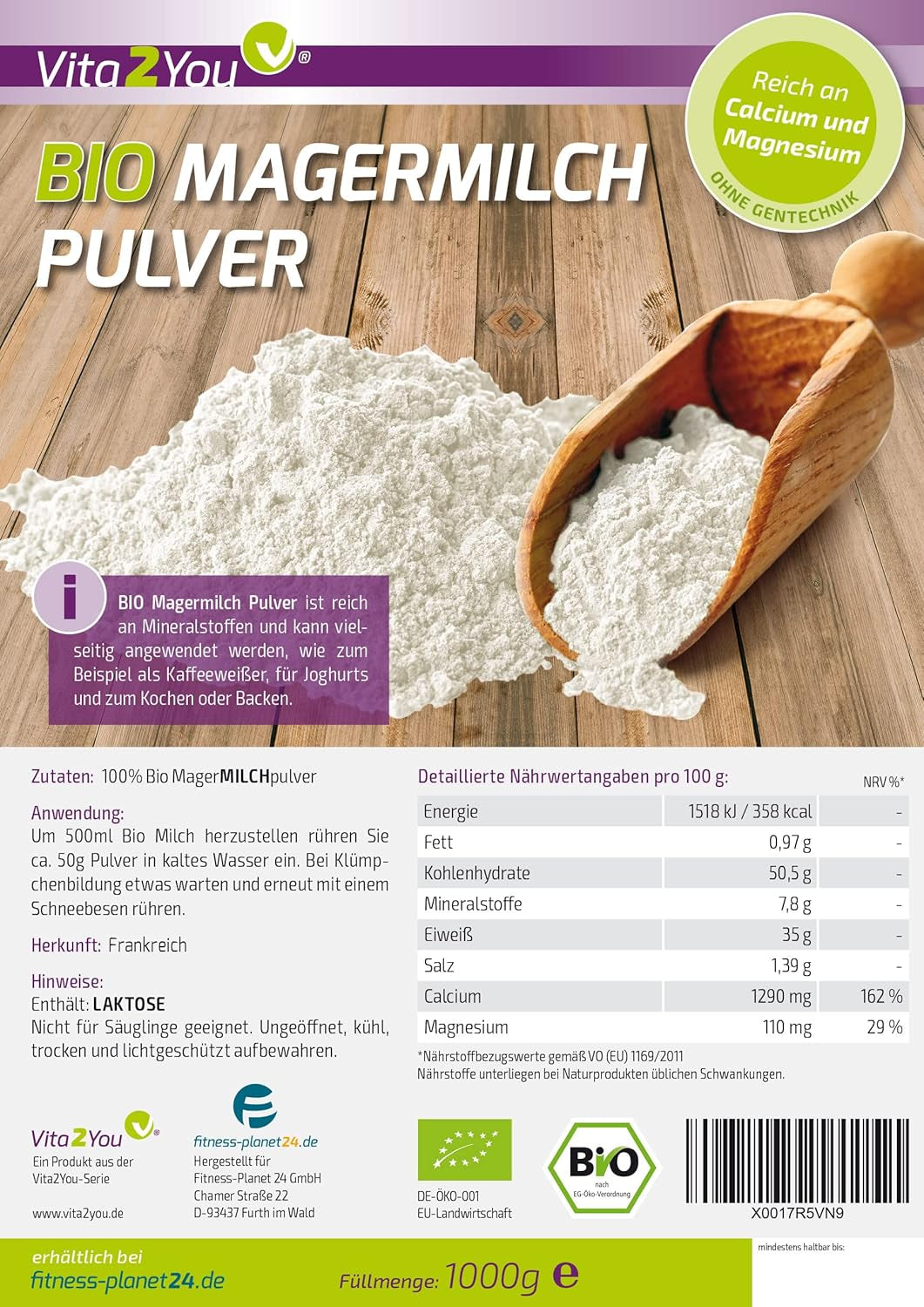 Vita2You Bio Lait écrémé en poudre 1000g - 100% Bio Qualität - pour la pâtisserie - Kaffeeweißer - Milchpulver für Joghurts - 1kg - Premium Qualität