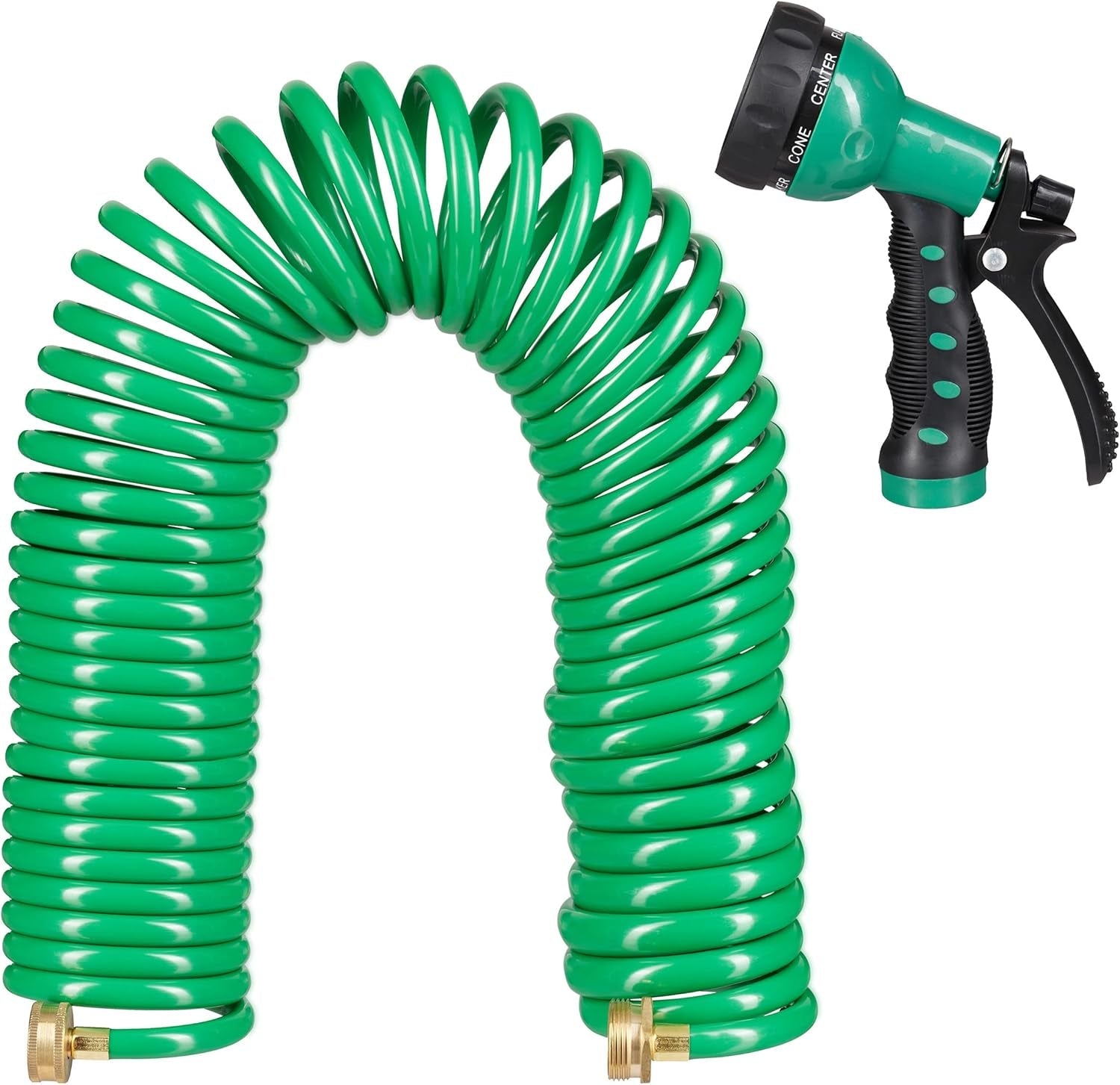 Furtun spiralat Relaxdays, extensibil până la 20 m, furtun flexibil de grădină cu pulverizator de apă, 7 modele de pulverizare, verde