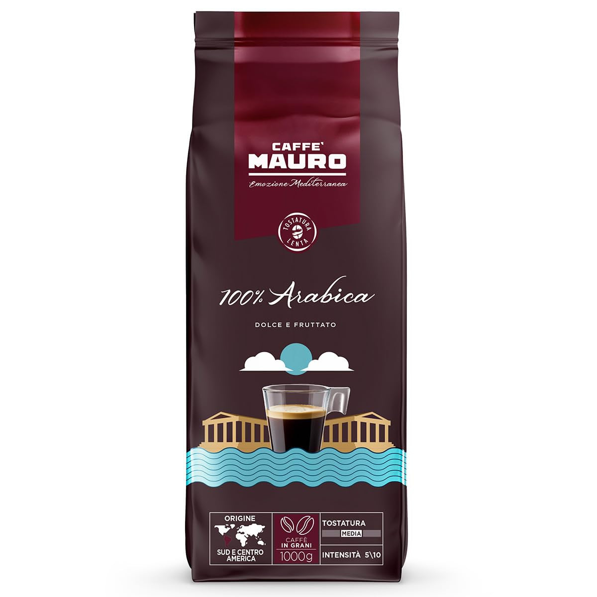 Caffè Mauro - Café en grains - 1 Kg - Mélange Avvolgente - Torréfaction moyenne - Intensité 8/10 - Fabriqué en Italie Café Naty Shop 100 Arabica Mischung