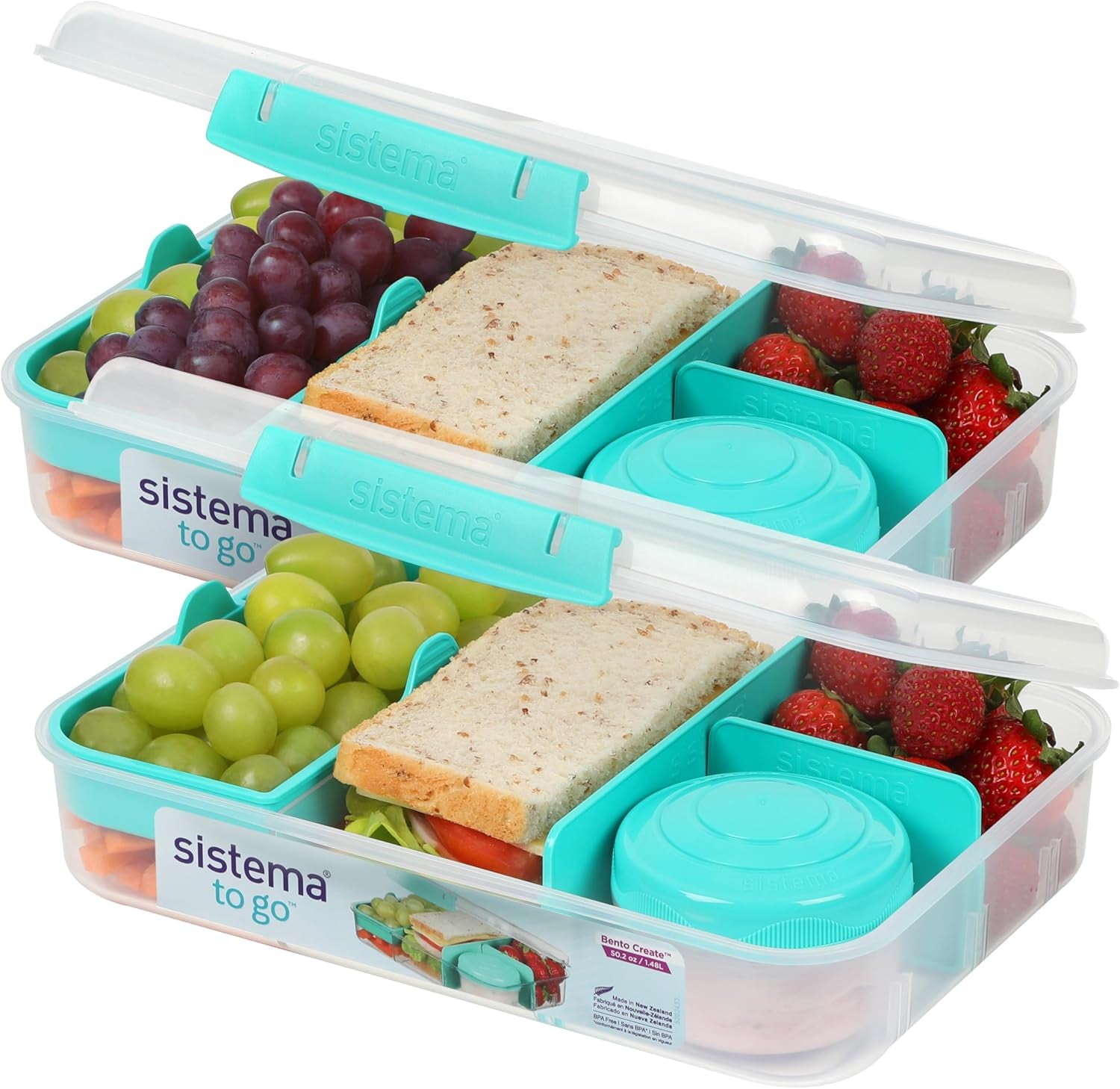 Bento Box TO GO système de boîte à lunch avec compartiments | Boîte à lunch 1,25 L avec pot de yaourt/fruits | pour enfants et adultes l | Minty Teal sans BPA [21685-8T], vert menthe Boîtes de conservation alimentaires Naty Shop Minty Teal 2 X 1,48 LITRES