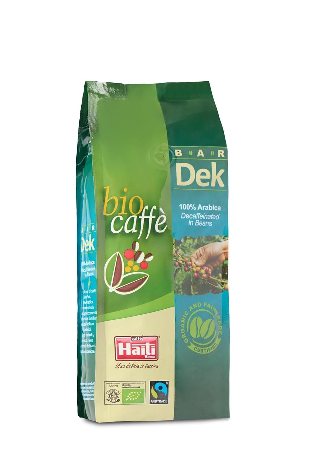 Caffè Haiti Roma café en grains décaféiné biologique, 100% Arabica, certifié Fairtrade, qualité biologique, paquet de 2 x 500g