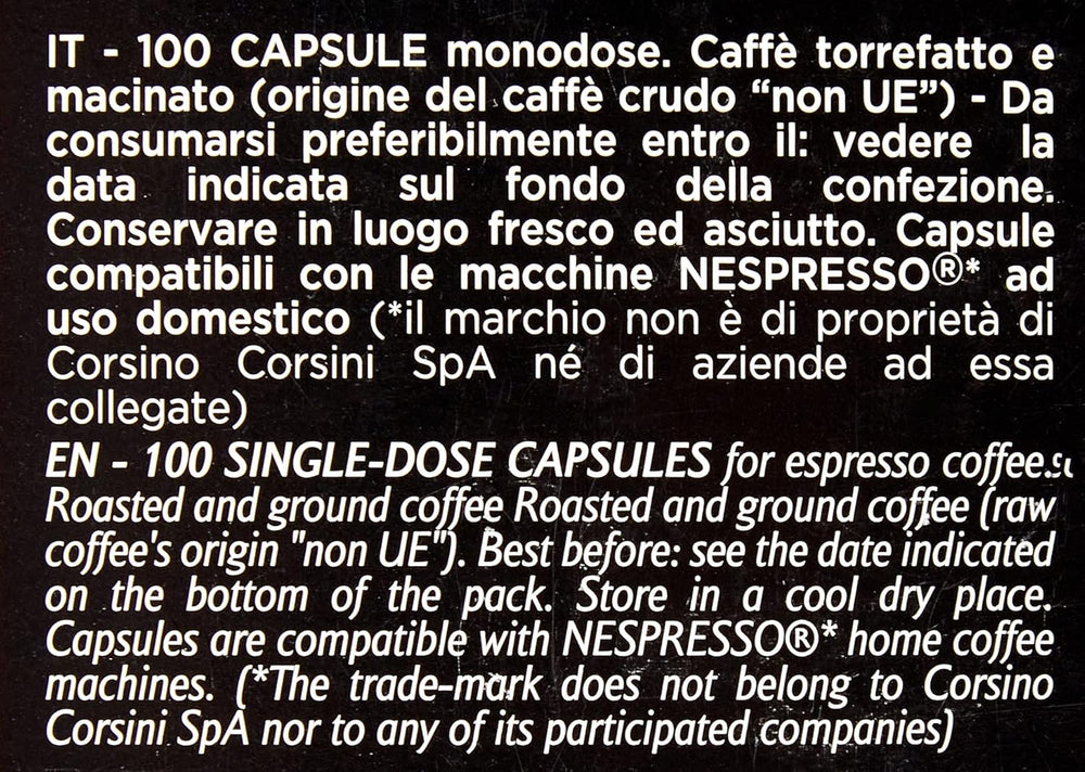 Caffè Corsini - Classico Italiano, Miscela Di Caffè En Capsules Compatibles Nespresso, Gusto Forte E Deciso - Confezione Da 100 Capsules