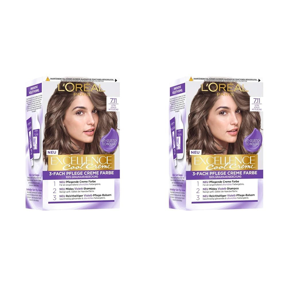 L'Oréal Paris Coloration capillaire permanente au résultat couleur ultra cool, couverture 100% des cheveux gris, coffret comprenant coloration, shampoing et crème de soin, Excellence Cool Creme, N° 7.11 Ultra Cool Medium Blonde (Blond) Naty Shop Hair Dye Titre par défaut