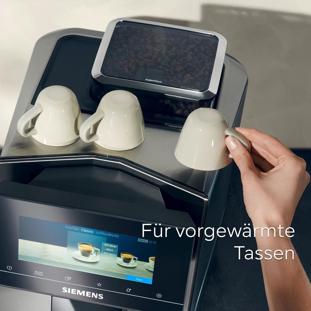 SIEMENS EQ900 TQ905D03 machine à expresso entièrement automatique, contrôle par application, écran tactile complet, mode barista, réduction du bruit, jusqu'à 10 profils, broyeur premium, nettoyage vapeur automatique, 1500 W, acier inoxydable