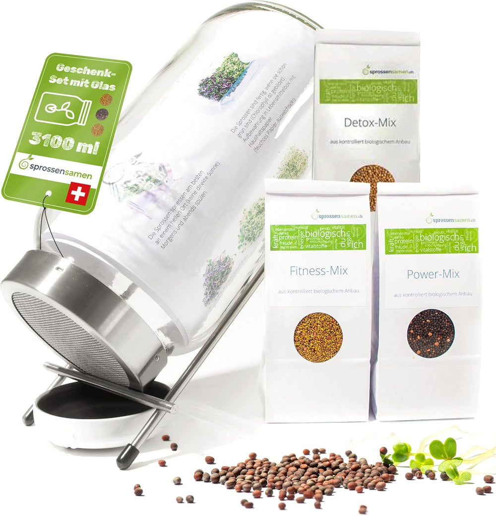Coffret de pots de germination 3100 ml avec coffret cadeau - Organic Fitness Mix, Power Mix et Detox Mix, 75 g chacun - Pot de germination - incl. couvercle du pot, support et passoire