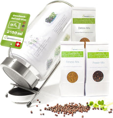 Coffret de pots de germination 3100 ml avec coffret cadeau - Organic Fitness Mix, Power Mix et Detox Mix, 75 g chacun - Pot de germination - incl. couvercle du pot, support et passoire