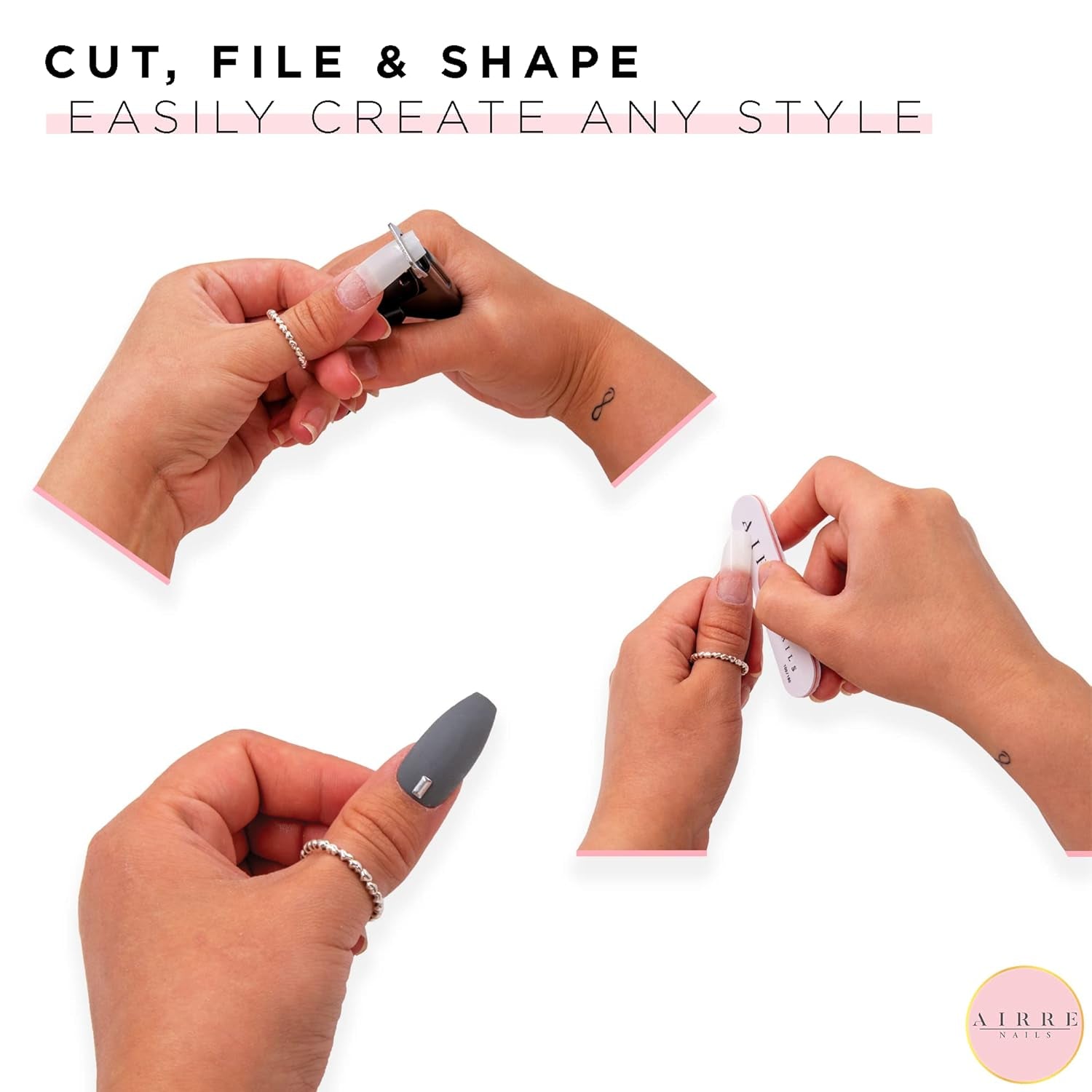 AIRRE 500 ongles en gel professionnels et 3 limes par boîte – (10 tailles) Faux ongles français demi-lune, usage salon et maison, coupe, limage et mise en forme, gel UV/LED, vernis à ongles et nail art (naturel)