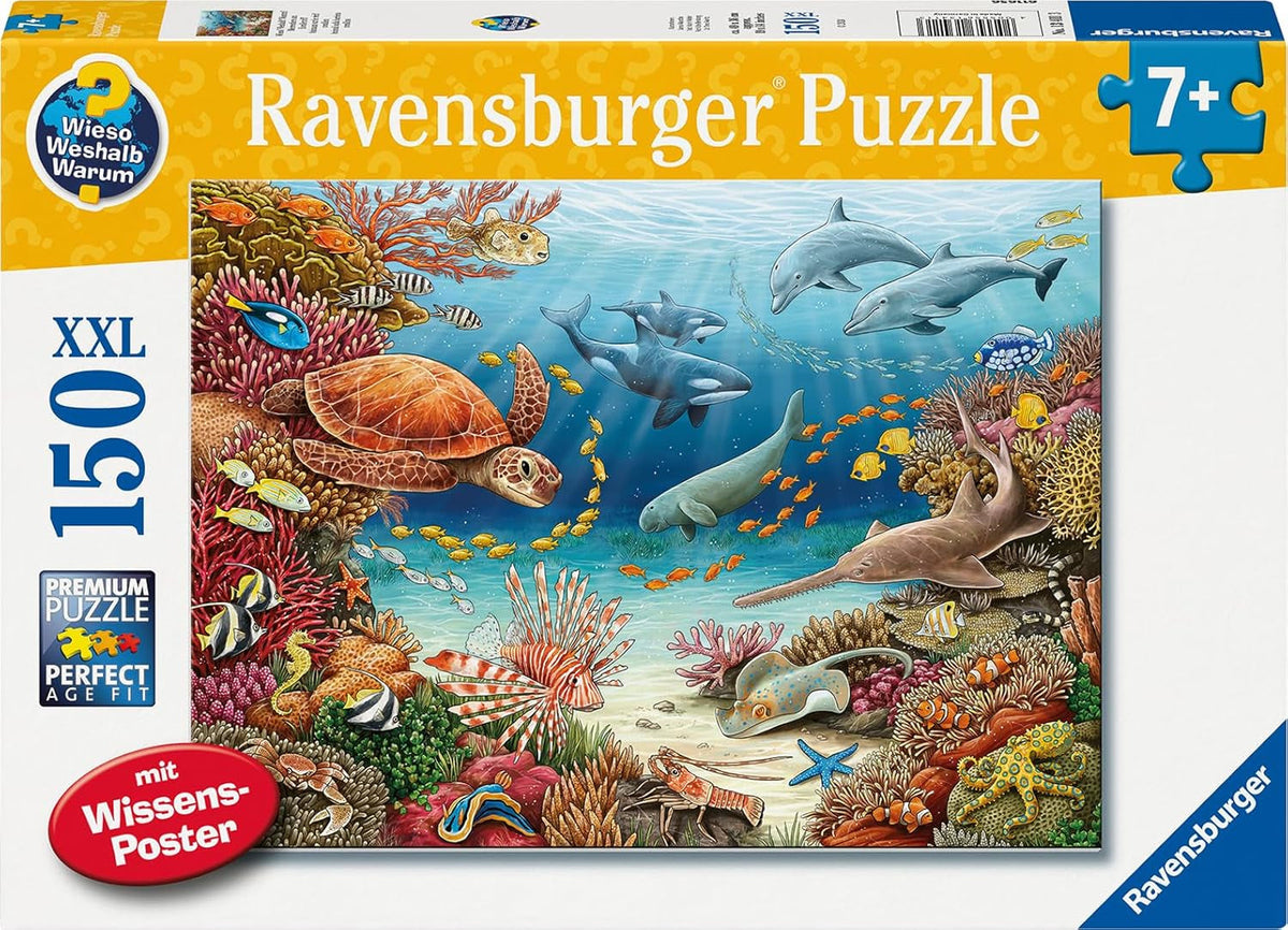 Puzzle pour enfants Ravensburger 13411 - Créatures marines sur la barrière de corail - Pourquoi ? Pourquoi? Pourquoi? Puzzle 150 pièces XXL + poster de connaissances, pour les enfants à partir de 7 ans Puzzle Naty Shop Titre par défaut