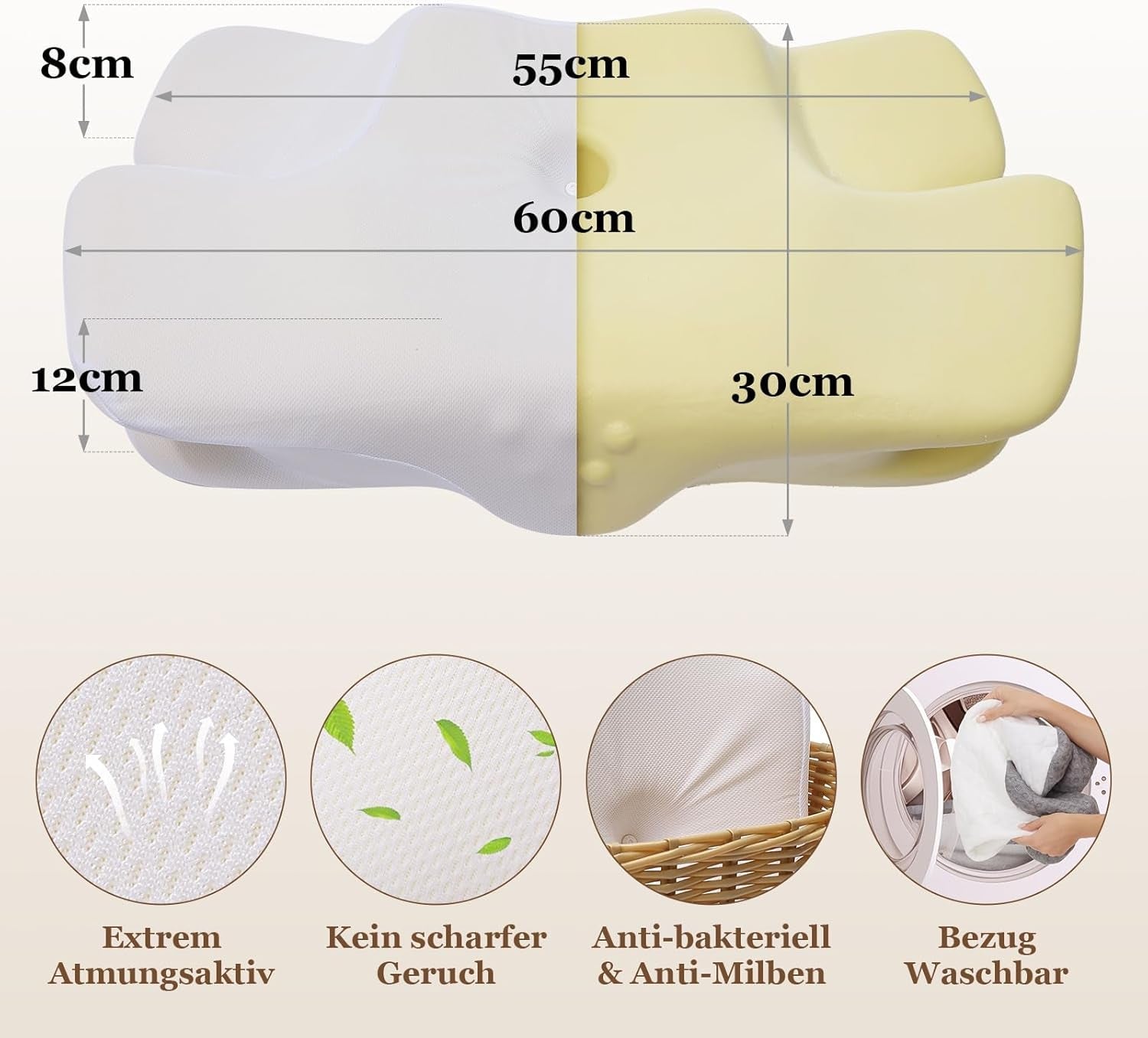 Oreiller cervical Wellsync Oreiller ergonomique Oreiller en mousse à mémoire de forme Oreiller orthopédique pour dormeurs latéraux Dormeurs sur le dos Dormeurs sur le ventre Douleurs au cou Blanc Gris Oreillers orthopédiques cervicaux Naty Shop