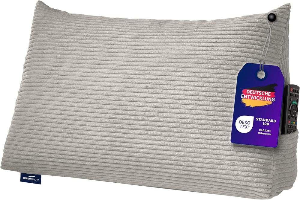 Pernă de citit Traumnacht Cozy Back Cushion, 70 x 40 cm gri închis, husă detașabilă și lavabilă din 100% poliester, buzunar lateral practic, certificată Oeko-Tex, produsă conform standardelor germane de calitate