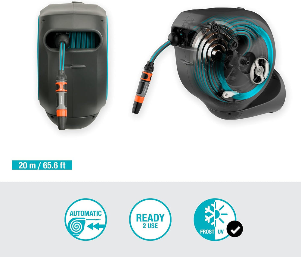 Boîte de tuyau murale Gardena RollUp M (Turquoise) 20 m : arrosage flexible pour jardins de taille moyenne, enrouleur de tuyau rotatif, avec support mural, composants du système et buse de pulvérisation, avec tuyau de 20 m (18610-20)