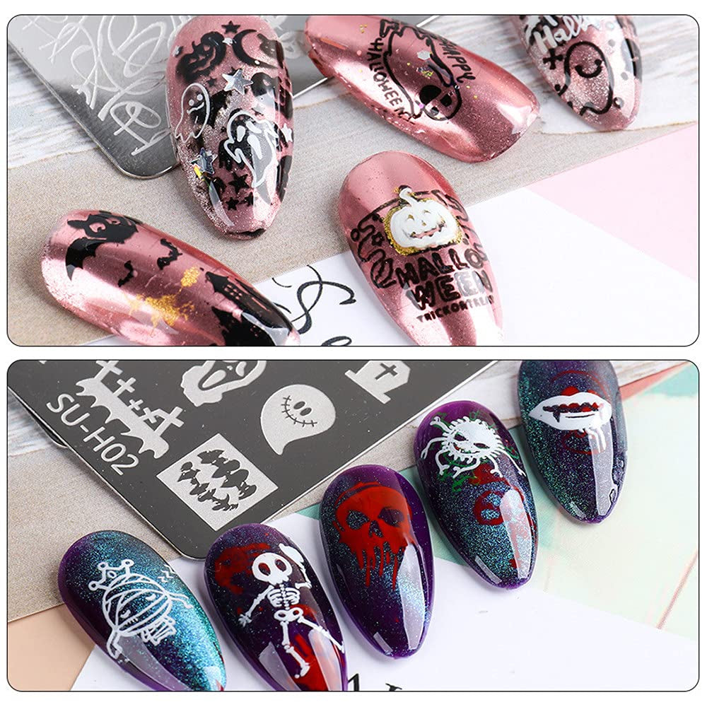 JMEOWIO Nail Stamping Pochoirs Halloween 6 Pièces Nagelstempel Pochoirs Nail Art Décoration Nageldesign Zubehör Böse Gruselige Kürbis-Geisterhexe